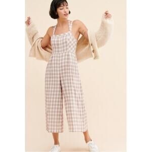 Free People Zuzu Seersucker Wide Leg Cropped Jumpsuit in Natural Gingham